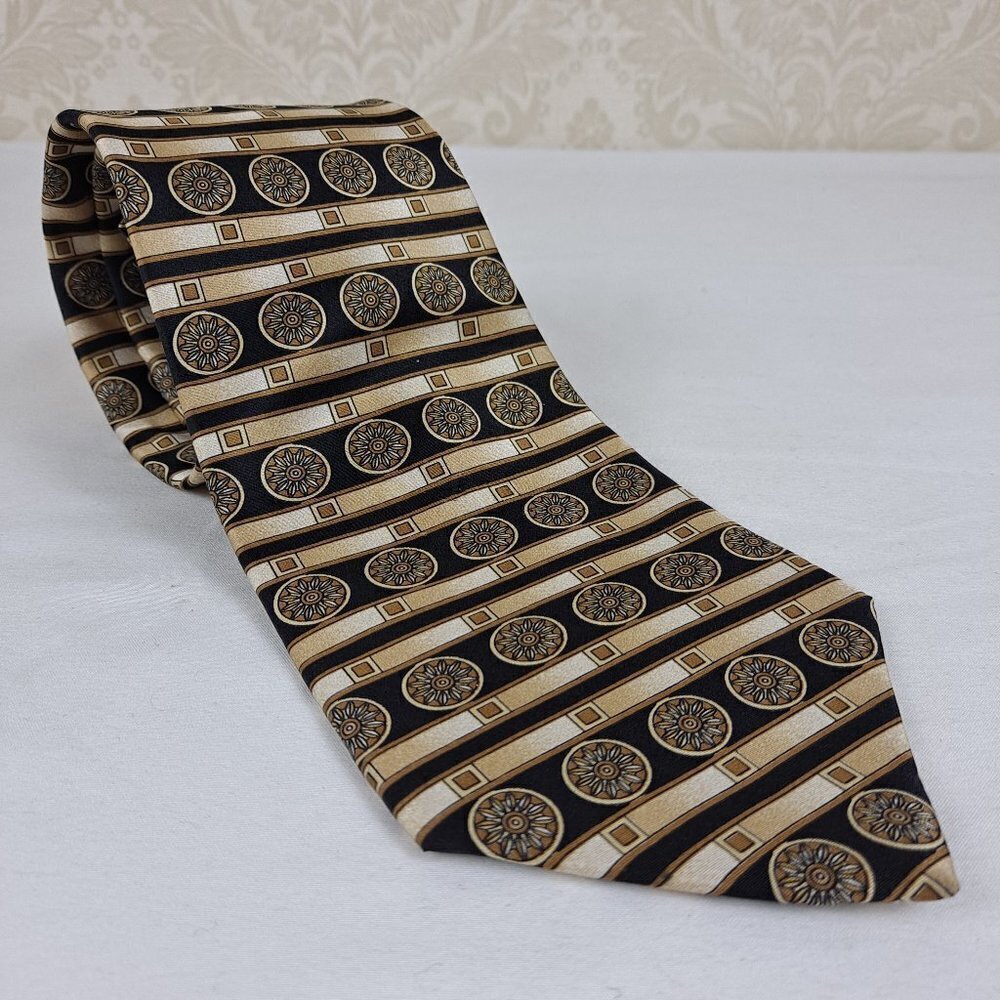L'Atelier Men's Tie Black Gold 100% Italian Silk Made In Italy Geometric Print